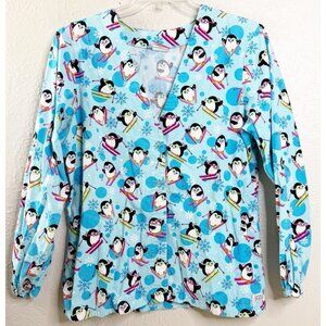 Izzy Scrubs Large Scrub Jacket Snap Up Penguin On Skis Winter 100% Cotton EUC